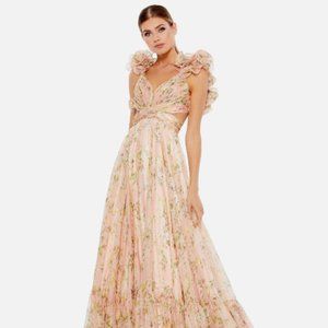 Ruffle Tiered Floral Cut-Out Chiffon Gown
